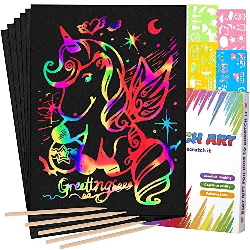 Mocoosy 60Pcs Scratch Art Paper for Kids Rainbow Magic Scratch Off Paper Art and Craft Kit Scratch Note Pad Doodle neri con 4 stencil 5 stilo in legno per ragazze festaioli Regali