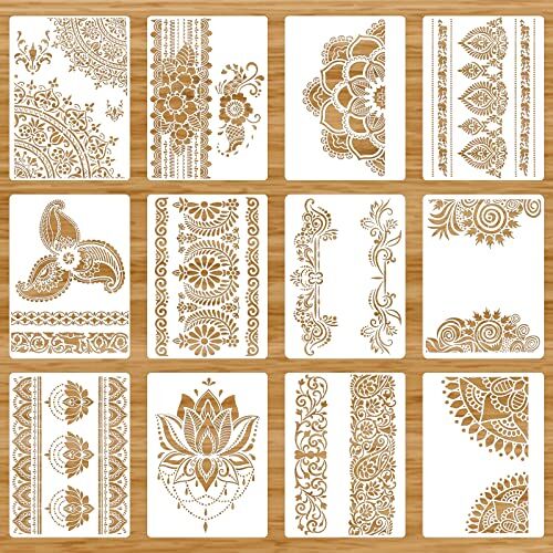 KATELUO Stencil per Bordi di Fiori, 12pcs Stencil per Mandala, Stencil per Pittural, Stencil Muro, Stencil Riutilizzabili di Pittura, Stensil per Mobile, Bambini Pittura Fai Da Te Stencil (A)