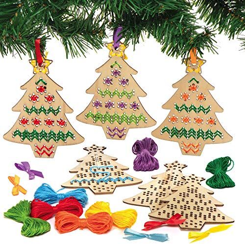 Baker Ross Kit Punto Croce Albero Di Natale In Legno Confezione Da 5 Pezzi, Decorazioni Albero Di Natale, Attività Per Artigianato Per Bambini, Confezione Artigianale Per Natale