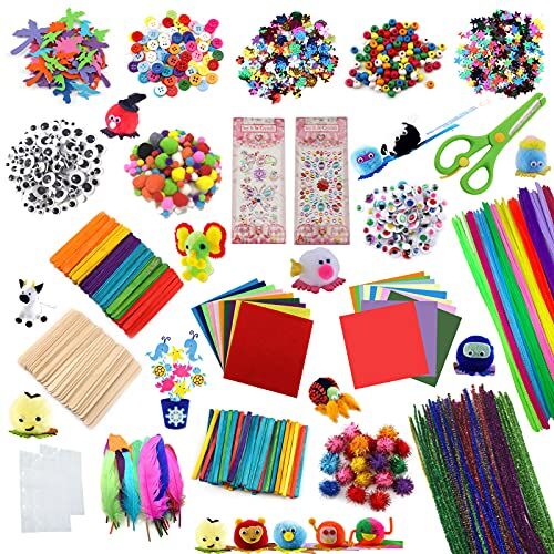 DOITEM Fai da Te Artigianato Forniture per Bambini- 2000+ Pezzi di Arti Colorate e Creative, Include Pom Pom Scovolini Piume Feltro Ghiacciolo Bastoncini Fogli Perline Paillettes