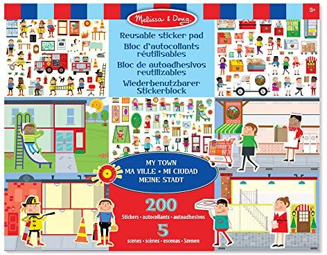 Melissa & Doug Libro adesivi attacca e stacca bambini, Album stickers la mia città, negozio, ristorante, caserma dei pompieri, Giochi da viaggio creativi per bambini e bambine dai 3 anni in sù