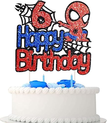 Yiran Spiderman Decorazioni Torta Compleanno 6 Anno, Happy Birthday Topper Torta Decorazione per Bambini, Glitter Bifacciale Decorazione Torta Per Ragazzi Ragazze Compleanno di Feste