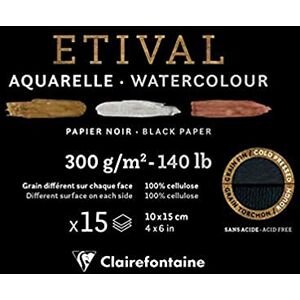Clairefontaine Blocco collato 1 lato di carta da disegno Etival 15 fogli 10x15 cm 300g doppia grana (fronte Grana fine e retro Grana grossa torchon), Nera Clairefontaine Blocco collato 1 lato di carta da disegno Etival 15 fogli 10x15 cm 300g doppia grana (fronte Grana fine e retro Grana grossa torchon), Nera