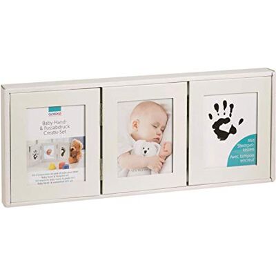 Glorex Set creativo per la mano e l'impronta del bambino, con cornice per 3 immagini, tampone d'inchiostro atossico e carta, come regalo per la nascita Glorex Set creativo per la mano e l'impronta del bambino, con cornice per 3 immagini, tampone d'inchiostro atossico e carta, come regalo per la nascita
