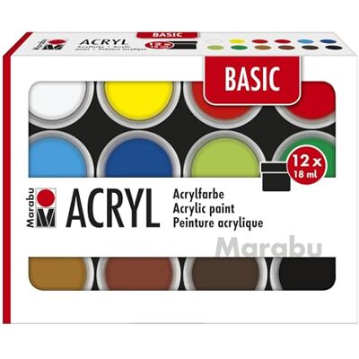 Marabu Set di colori acrilici BASIC, 12 colori semi-opachi da 18 ml, facili da dipingere, ad asciugatura rapida, resistenti alla luce e alle intemperie, Marabu Set di colori acrilici BASIC, 12 colori semi-opachi da 18 ml, facili da dipingere, ad asciugatura rapida, resistenti alla luce e alle intemperie,