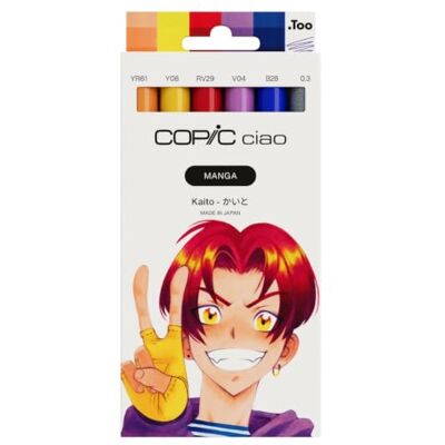 Copic Ciao MANGA Set di pennarelli Kaito, con 5 tonalità calde di arancio e blu, con 1 multiplo da 0,3 mm in viola, Twin Marker con una punta media e una spazzola Copic Ciao MANGA Set di pennarelli Kaito, con 5 tonalità calde di arancio e blu, con 1 multiplo da 0,3 mm in viola, Twin Marker con una punta media e una spazzola