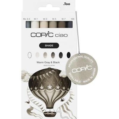Copic Ciao Shade, Set Warm Gray + Black, 6 pezzi Marker per ombreggiare, per sfumature + dettagli, ricaricabili Ideale per entrare nel mondo dei toni del grigio Include 1 Multiliner in Copic Ciao Shade, Set Warm Gray + Black, 6 pezzi Marker per ombreggiare, per sfumature + dettagli, ricaricabili Ideale per entrare nel mondo dei toni del grigio Include 1 Multiliner in