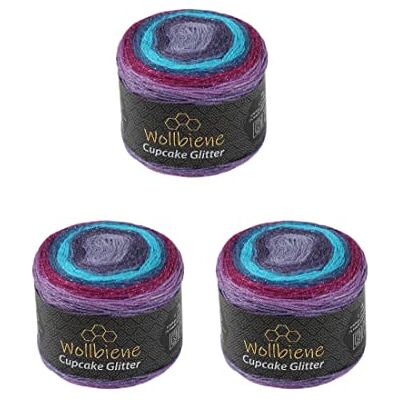 Wollbiene Cupcake Glitter Simli, 3 gomitoli di lana da 150 g, 450 g, per lavorare a maglia e all'uncinetto, lana turca, colori sfumati (3210 lilla, turchese Wollbiene Cupcake Glitter Simli, 3 gomitoli di lana da 150 g, 450 g, per lavorare a maglia e all'uncinetto, lana turca, colori sfumati (3210 lilla, turchese