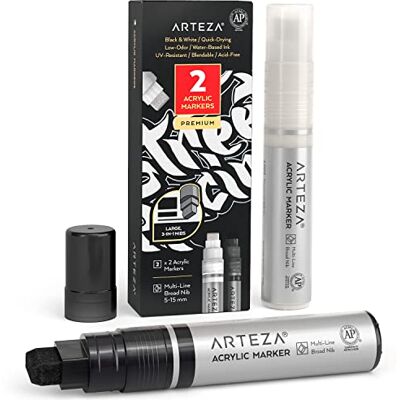 ARTEZA Set di 2 pennarelli acrilici, bianchi e neri, 3 in 1 multi-linea, linea 5-15 mm, resistenti ai raggi UV, per decorare rocce, vetro, metallo, legno e zucca ARTEZA Set di 2 pennarelli acrilici, bianchi e neri, 3 in 1 multi-linea, linea 5-15 mm, resistenti ai raggi UV, per decorare rocce, vetro, metallo, legno e zucca
