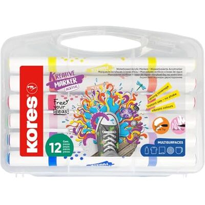 Kores Set di Kreative Marker Pennarelli Acrilici Duo Tip con 12 colori – Punta a Pennello e Punta Conica per Carta, Legno, Vetro, Tela, Pietra, Tessuto, Ceramica – DIY Creativo, Senza Agitare Kores Set di Kreative Marker Pennarelli Acrilici Duo Tip con 12 colori – Punta a Pennello e Punta Conica per Carta, Legno, Vetro, Tela, Pietra, Tessuto, Ceramica – DIY Creativo, Senza Agitare