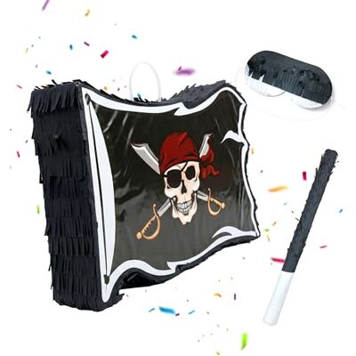 Relaxdays Pinata Bandiera pirata, con bastone & maschera, nera Per feste e compleanni, da riempire, HBT: 35x40x8 cm Relaxdays Pinata Bandiera pirata, con bastone & maschera, nera Per feste e compleanni, da riempire, HBT: 35x40x8 cm
