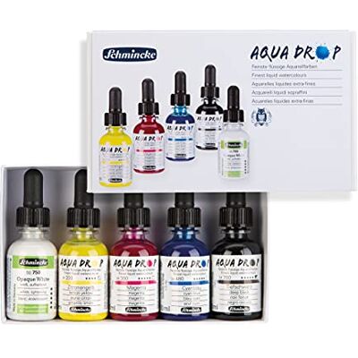 Schmincke - AQUA DROP acquarelli liquidi finissimi, 5 colori primari da 30 ml, in un set di cartone + bianco opaco, 78005097, set per pittura ad acquarello, calligrafia, handlettering, aeorografia Schmincke - AQUA DROP acquarelli liquidi finissimi, 5 colori primari da 30 ml, in un set di cartone + bianco opaco, 78005097, set per pittura ad acquarello, calligrafia, handlettering, aeorografia
