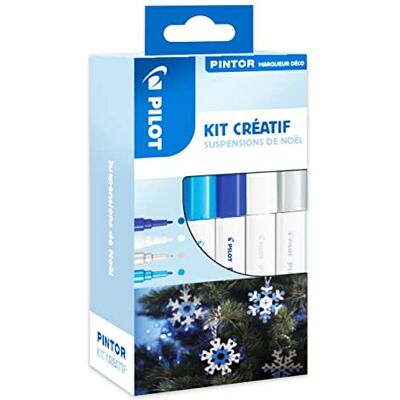 PILOT Kit creativo PINTOR – pennarello deco – 8 sospensioni di abete + 4 pennarelli punta fine, blu metallo, blu scuro, bianco e argento PILOT Kit creativo PINTOR – pennarello deco – 8 sospensioni di abete + 4 pennarelli punta fine, blu metallo, blu scuro, bianco e argento
