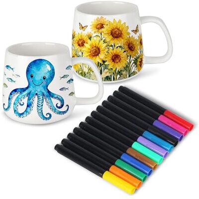 LIAILA Set Kit Ceramica Fai da Te Include 2 Tazze Bianche Vuote e 12 Penne Acquerellabili in Ceramica, Tazza Personalizzata per Bambini e Adulti, un Set per Dipingere, Scarabocchiare e Creare LIAILA Set Kit Ceramica Fai da Te Include 2 Tazze Bianche Vuote e 12 Penne Acquerellabili in Ceramica, Tazza Personalizzata per Bambini e Adulti, un Set per Dipingere, Scarabocchiare e Creare