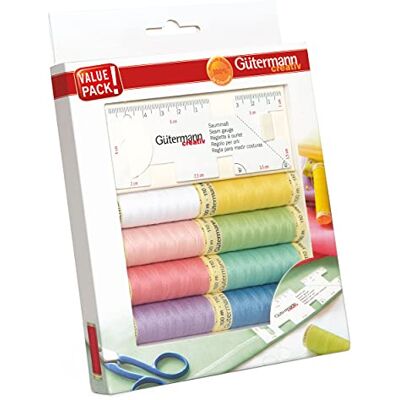 Gütermann creativ Set filo da cucito con 8 bobine di Cucitutto 100 m in colori pastello + un Regolo per orli Gütermann creativ Set filo da cucito con 8 bobine di Cucitutto 100 m in colori pastello + un Regolo per orli