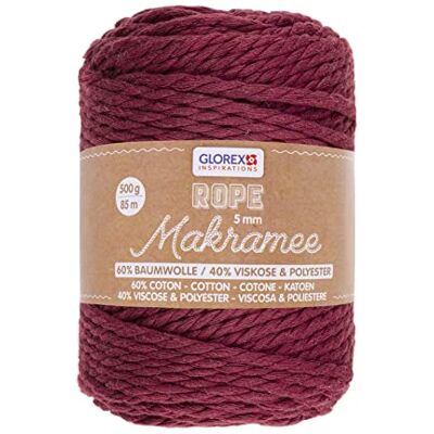 Glorex Corda per macramè in Bordeaux, 500 g con Spessore di 5 mm e Lunghezza di 85 m, Filato di Cotone a Tripla Torsione per Uncinetto, Maglia, annodatura e Disegno Glorex Corda per macramè in Bordeaux, 500 g con Spessore di 5 mm e Lunghezza di 85 m, Filato di Cotone a Tripla Torsione per Uncinetto, Maglia, annodatura e Disegno