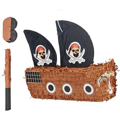 Relaxdays Pinata Nave Pirata, con Bastone e Maschera, Marrone Chiaro HxLxP: 35x44x15 per compleanni, da riempire Relaxdays Pinata Nave Pirata, con Bastone e Maschera, Marrone Chiaro HxLxP: 35x44x15 per compleanni, da riempire