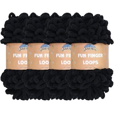 BambooMN JubileeYarn Fun Finger Loops, Gomitolo di filato ad anelli jumbo, in poliestere, da intrecciare con le dita, 100 g/matassa, nero, 4 pezzi BambooMN JubileeYarn Fun Finger Loops, Gomitolo di filato ad anelli jumbo, in poliestere, da intrecciare con le dita, 100 g/matassa, nero, 4 pezzi