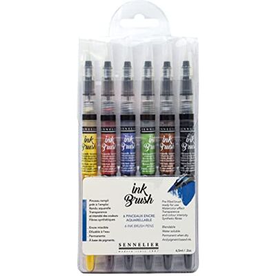 Sennelier Set di 6 penne a pennello, sintetiche, alla moda Sennelier Set di 6 penne a pennello, sintetiche, alla moda