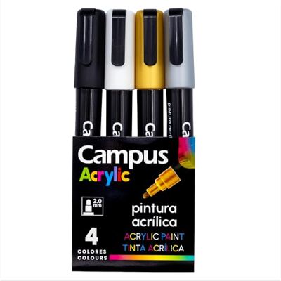 Campus Pennarelli acrilici, confezione di pennarelli a punta rotonda da 2 mm, pennarelli a colori non permanenti a base d'acqua, pennarelli acrilici a vernice opaca e ad asciugatura rapida (4 colori Campus Pennarelli acrilici, confezione di pennarelli a punta rotonda da 2 mm, pennarelli a colori non permanenti a base d'acqua, pennarelli acrilici a vernice opaca e ad asciugatura rapida (4 colori