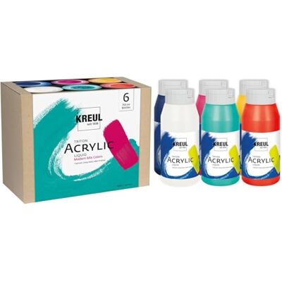 KREUL Triton Acrylic Liquid Set Modern Mix Colors 6 x 750 ml, set colorato e armoniosamente coordinato di colori acrilici per artisti di alta qualità, adatti alla miscelazione KREUL Triton Acrylic Liquid Set Modern Mix Colors 6 x 750 ml, set colorato e armoniosamente coordinato di colori acrilici per artisti di alta qualità, adatti alla miscelazione