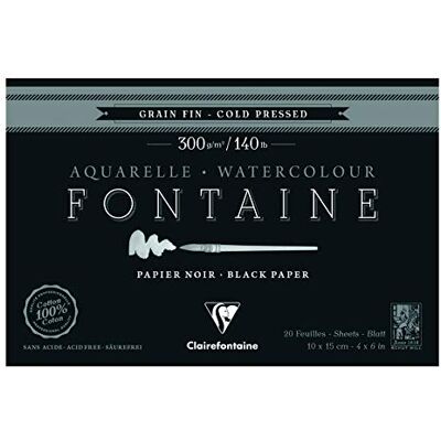 Clairefontaine Blocco collato 4 lati di carta da disegno Fontaine 20 fogli grana fine 10x15 cm 300g, Nero Clairefontaine Blocco collato 4 lati di carta da disegno Fontaine 20 fogli grana fine 10x15 cm 300g, Nero