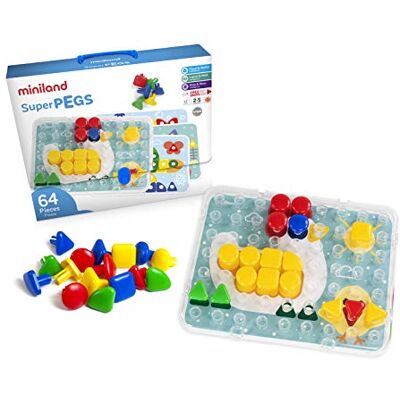 Miniland _Educational Superpegs Cartone, Set di mosaici (), Colore/Modello Assortito, 64 Pezzi Miniland _Educational Superpegs Cartone, Set di mosaici (), Colore/Modello Assortito, 64 Pezzi