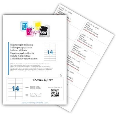 UNIVERS GRAPHIQUE UniversGraphique, 1400 Etichette Adesive su Fogli A4, Colore Bianco, 105 x 42.5 mm, Fogli 100, 14 Etichette per Foglio UNIVERS GRAPHIQUE UniversGraphique, 1400 Etichette Adesive su Fogli A4, Colore Bianco, 105 x 42.5 mm, Fogli 100, 14 Etichette per Foglio
