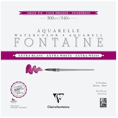 Clairefontaine Blocco collato sui 4 lati Fontaine Extra Bianco 15 fogli carta acquerello Extra Bianco 100% Cotone a grana fine Qualità professionale 30x30cm 300g Clairefontaine Blocco collato sui 4 lati Fontaine Extra Bianco 15 fogli carta acquerello Extra Bianco 100% Cotone a grana fine Qualità professionale 30x30cm 300g