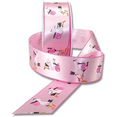 PRÄSENT Nastro di raso stampato Adebar rosa 40 mm di larghezza, 20 m di lunghezza PRÄSENT Nastro di raso stampato Adebar rosa 40 mm di larghezza, 20 m di lunghezza