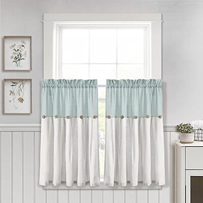 Lush Decor Set di 2 tende da cucina con bottoni in lino, colore: blu/bianco Lush Decor Set di 2 tende da cucina con bottoni in lino, colore: blu/bianco