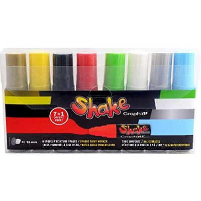 GRAPH'IT Shake Set di 8 pennarelli acrilici coprenti Punta da 16 mm Disegno e manga Resistenti all'acqua e ai raggi UV Professionali e principianti Tutti i supporti Colori base GRAPH'IT Shake Set di 8 pennarelli acrilici coprenti Punta da 16 mm Disegno e manga Resistenti all'acqua e ai raggi UV Professionali e principianti Tutti i supporti Colori base