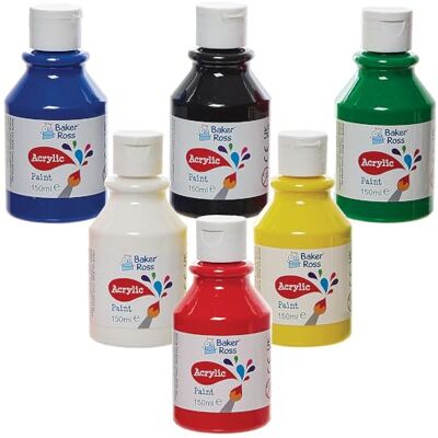 Baker Ross Confezione di colori acrilici primari da 150 ml Confezione da 6, confezione risparmio di barattoli di vernice, vernice per bambini Baker Ross Confezione di colori acrilici primari da 150 ml Confezione da 6, confezione risparmio di barattoli di vernice, vernice per bambini