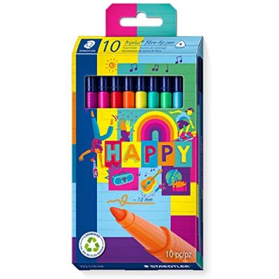 Staedtler Pennarelli Triplus Happy, fusto triangolare ergonomico, larghezza linea: 1,0 mm, lunga durata, 10 penne a punta in colori assortiti, in confezione di cartone, 323 C10 HA Staedtler Pennarelli Triplus Happy, fusto triangolare ergonomico, larghezza linea: 1,0 mm, lunga durata, 10 penne a punta in colori assortiti, in confezione di cartone, 323 C10 HA
