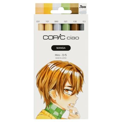 Copic Ciao MANGA Set di pennarelli Hiro, con 5 tonalità calde di giallo e marrone, con 1 multiliner, 0,3 mm, colore grigio, Twin Marker con una punta media e una spazzola Copic Ciao MANGA Set di pennarelli Hiro, con 5 tonalità calde di giallo e marrone, con 1 multiliner, 0,3 mm, colore grigio, Twin Marker con una punta media e una spazzola