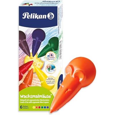 Pelikan 4 pacchi Pastelli a Cera a forma di topolino, scatola pieghievole con 6 colori, progettati per supportare il naturale movimento di presa dei bambini piccoli Pelikan 4 pacchi Pastelli a Cera a forma di topolino, scatola pieghievole con 6 colori, progettati per supportare il naturale movimento di presa dei bambini piccoli