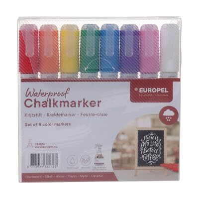 Europel Pennarelli a Gesso Liquido Set 8 Colori, Punta 6 mm, Pennarelli a Gesso Impermeabili per Lavagna Vetro Finestre Cartelli, Pennarelli Professionali per Ristoranti Bar Negozi Ufficio Europel Pennarelli a Gesso Liquido Set 8 Colori, Punta 6 mm, Pennarelli a Gesso Impermeabili per Lavagna Vetro Finestre Cartelli, Pennarelli Professionali per Ristoranti Bar Negozi Ufficio
