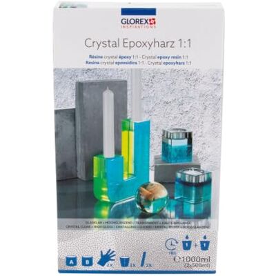 Glorex Crystal 6 2101 533 Set di resina epossidica e indurente 1:1, lucida, 2 x 500 ml per artigianato, gioielli e costruzione di stampi, set da 8 pezzi Glorex Crystal 6 2101 533 Set di resina epossidica e indurente 1:1, lucida, 2 x 500 ml per artigianato, gioielli e costruzione di stampi, set da 8 pezzi