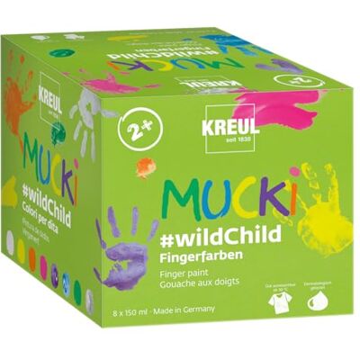 KREUL , Mucki Fingerpaint Premium Set Wild Child, 8 x 150 ml colori a base d’acqua in bianco, giallo, arancio, rosa, viola magico, blu diamante, verde, argento drago, per bambini da 2 anni KREUL , Mucki Fingerpaint Premium Set Wild Child, 8 x 150 ml colori a base d’acqua in bianco, giallo, arancio, rosa, viola magico, blu diamante, verde, argento drago, per bambini da 2 anni
