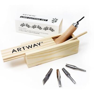 ArtWay Utensili da taglio Lino, ideali per stampe in rilievo, 5 punte assortite e manico ergonomico, in scatola di legno ArtWay Utensili da taglio Lino, ideali per stampe in rilievo, 5 punte assortite e manico ergonomico, in scatola di legno