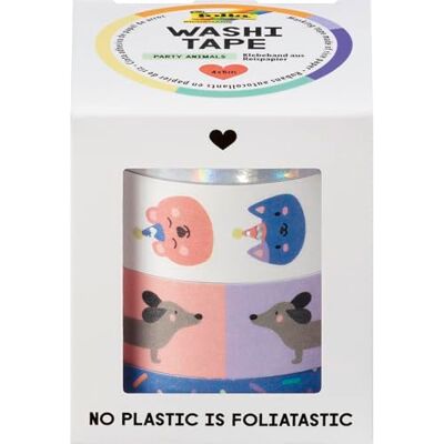 folia Washi Tape Party Animals, 4 x 5 m, Nastro Adesivo in Carta di Riso, hotfoil in 4 Disegni di Animali, per Creare, Decorare e abbellire folia Washi Tape Party Animals, 4 x 5 m, Nastro Adesivo in Carta di Riso, hotfoil in 4 Disegni di Animali, per Creare, Decorare e abbellire