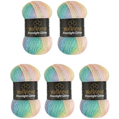 Wollbiene Moonlight Glitter Batik Simli, 5 gomitoli di lana da 100 g, 500 g, per lavorare a maglia e all'uncinetto, 20% lana metallica, sfumata (2900 verde, rosa, giallo pastello) Wollbiene Moonlight Glitter Batik Simli, 5 gomitoli di lana da 100 g, 500 g, per lavorare a maglia e all'uncinetto, 20% lana metallica, sfumata (2900 verde, rosa, giallo pastello)