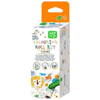 Haku Yoka 6303119 Set per pittura a cera, mini rotolo di carta Safari, con motivi da colorare e 4 gessetti colorati con 20 adesivi, per bambini dai 3 anni in su Haku Yoka 6303119 Set per pittura a cera, mini rotolo di carta Safari, con motivi da colorare e 4 gessetti colorati con 20 adesivi, per bambini dai 3 anni in su