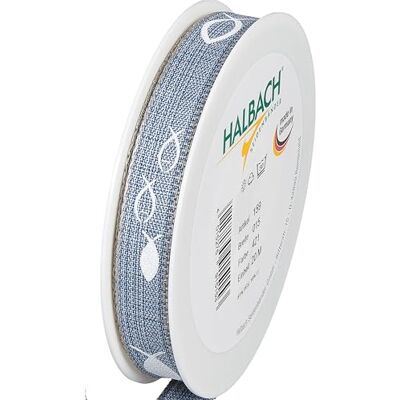 Halbach Nastro in seta per regali, motivo: pesci, 15 mm x 20 m, per cresima e comunione, nastro in tessuto con percentuale di lino, come decorazione per occasioni cristiane, colore: blu scuro/bianco Halbach Nastro in seta per regali, motivo: pesci, 15 mm x 20 m, per cresima e comunione, nastro in tessuto con percentuale di lino, come decorazione per occasioni cristiane, colore: blu scuro/bianco