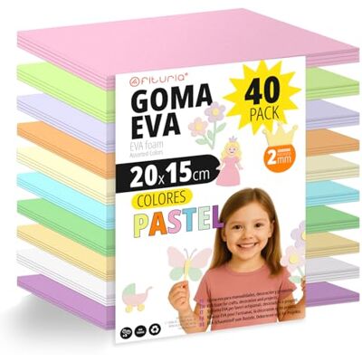 OFITURIA Confezione da 40 fogli di gomma EVA colori pastello, formato 20x15 cm, 10 colori assortiti, per uso scolastico o professionale, gomma EVA (Assortimento pastello) OFITURIA Confezione da 40 fogli di gomma EVA colori pastello, formato 20x15 cm, 10 colori assortiti, per uso scolastico o professionale, gomma EVA (Assortimento pastello)