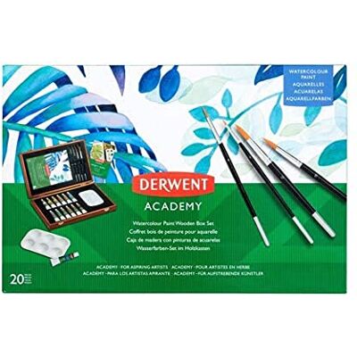Derwent Academy Set di 18 Pezzi da Pittura ad Acquerello, 12 x Acquerelli, 4 x Pennelli,1 x Tavolozza, 1 x Tampone, 1 x Guida per Imparare a Disegnare, Astuccio in Legno Incluso Derwent Academy Set di 18 Pezzi da Pittura ad Acquerello, 12 x Acquerelli, 4 x Pennelli,1 x Tavolozza, 1 x Tampone, 1 x Guida per Imparare a Disegnare, Astuccio in Legno Incluso