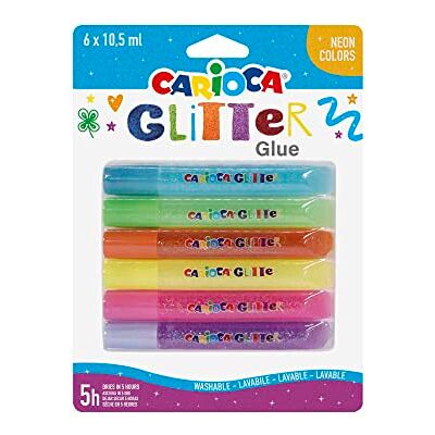 CARIOCA 42111 Glitter Glue Blister Confezione, 10.5 ml, 6 Colori Fluo, Colla Colorata per Decorazioni CARIOCA 42111 Glitter Glue Blister Confezione, 10.5 ml, 6 Colori Fluo, Colla Colorata per Decorazioni