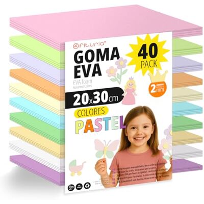 OFITURIA Confezione da 40 fogli di gomma EVA colori pastello, formato 20x30 cm, 10 colori assortiti, per uso scolastico o professionale, gomma EVA (Assortimento pastello) OFITURIA Confezione da 40 fogli di gomma EVA colori pastello, formato 20x30 cm, 10 colori assortiti, per uso scolastico o professionale, gomma EVA (Assortimento pastello)