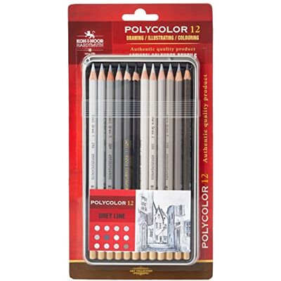 Koh-I-Noor Polycolor 3822 Pastelli colorati da artista, 12 diversi toni di grigio Koh-I-Noor Polycolor 3822 Pastelli colorati da artista, 12 diversi toni di grigio