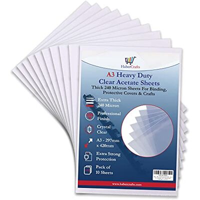 Habercrafts Fogli in acetato trasparente, resistente, 240 micron, extra spesso, in plastica, PVC, trasparente, trasparente, per rilegature protettive, stencil per incisione, artigianato (A3-10 fogli) Habercrafts Fogli in acetato trasparente, resistente, 240 micron, extra spesso, in plastica, PVC, trasparente, trasparente, per rilegature protettive, stencil per incisione, artigianato (A3-10 fogli)